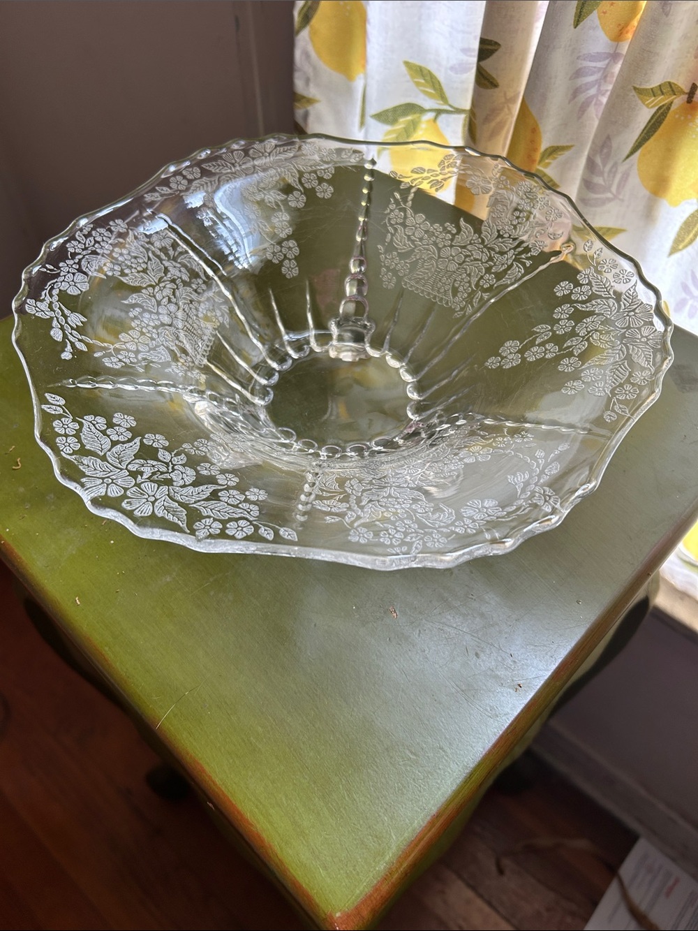 Vintage Etched Glass Serving Bowl - Floral Pattern